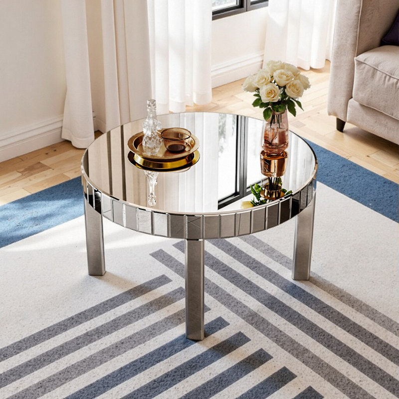 Table basse ronde Art Deco Mirror Starburst avec base en H argentée, 31,5 po de diamètre pour le salon Glam