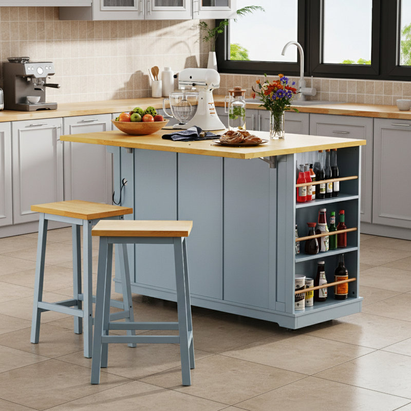 Open Side Racks Kitchen Island With Drop Leaf And Power Outlet, Gray Blue