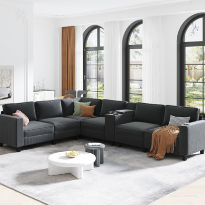 6 velours côtelé en forme de L de 133,4 po x 94,4 po avec îlot central, porte-gobelets, charge, grand espace de rangement, sièges en mousse grise, base en fer, accoudoirs faciles à assembler, assise souple, structure, assemblage rapide
