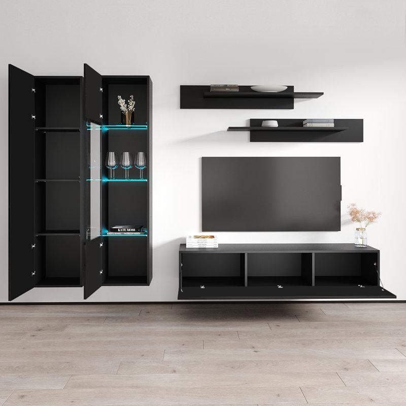 Villard 100" Modern Floating Wall Mounted Entertainment Center with 16-Color LED Lighting, High Gloss Finish, Black