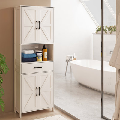 66.9" Tall Freestanding White Linen Cabinet with 2 Upper Doors, 1 Large Drawer, 1 Open Shelves & 2 Lower Doors –Adjustable Shelves，White Bathroom Storage Cabinet