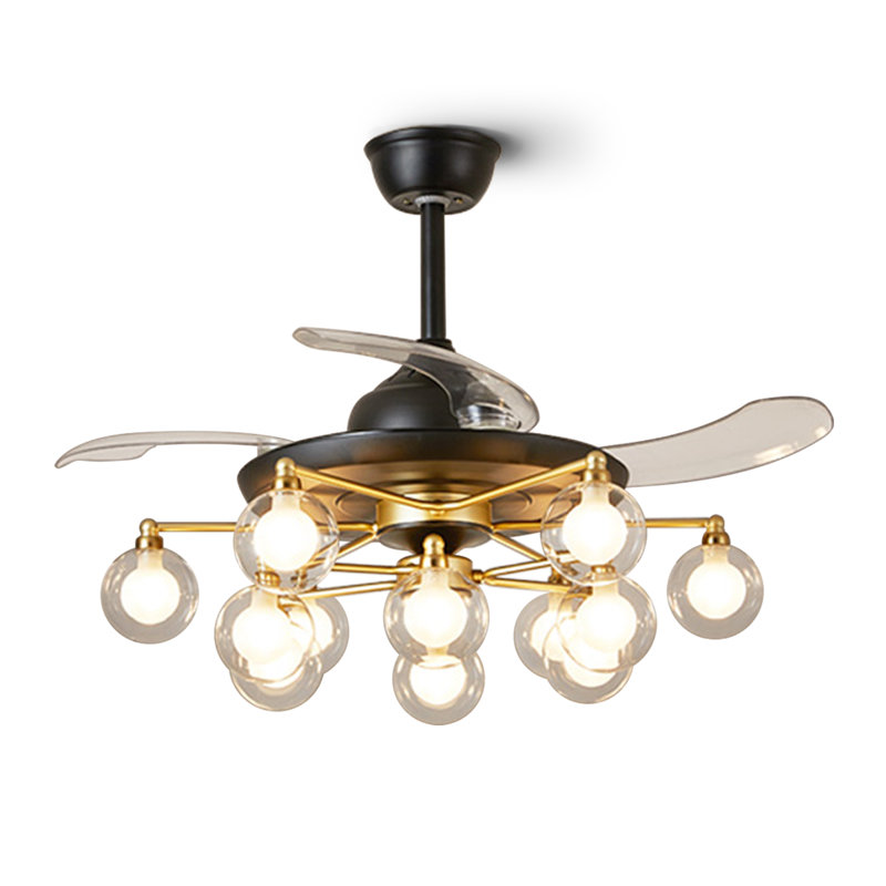 Ventilateur de plafond de 48 po avec lumières et télécommande, ventilateur de plafond à pales rétractables noires et dorées, 12 lumières de style Mid-Century moderne Spoutnik avec abat-jour en verre double, minuterie