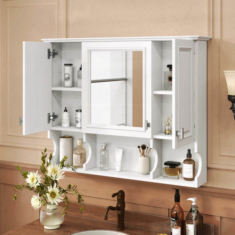 35 x 28 Inch 3-Door Wall Mounted Medicine Cabinet with Open Shelves - White, White