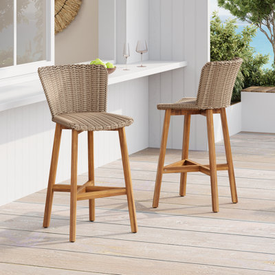 Rocky Outdoor 26.7” Seat Height PE Rattan Counter Stools With Acacia Wood Frame by George Oliver