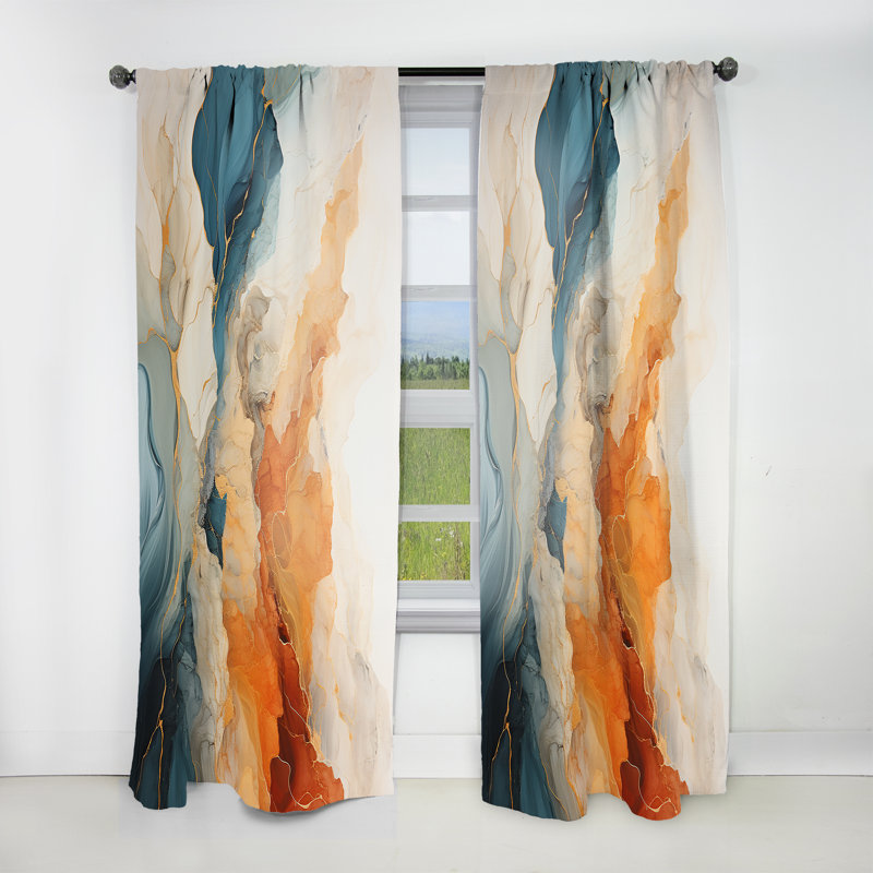 Abstract Orange And Blue River Ink - Modern Velvet Curtain - Room Darkening - 1 panel, 52" W x 63" L