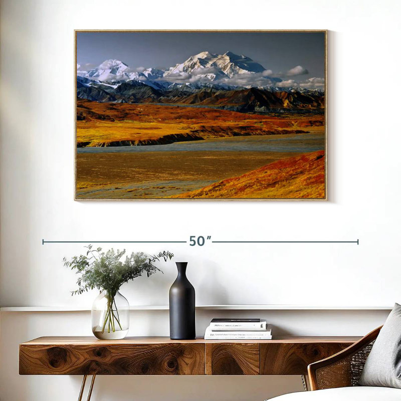 Golden Denali Fall, 40" X 27", Floating Frame Natural Wood