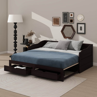 Wooden Twin Daybed With Pull-Out Trundle And Dual Storage Compartments, Extendable Daybed Structure