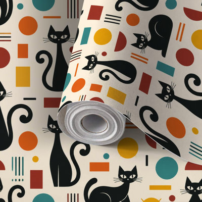 Mid Century Peel and Stick Wallpaper Contact Paper Cute Black Cat Bright Blue Eyes Bowtie Abstract Geometric Self Adhesive and Removable 24in x 118in(60x300cm)