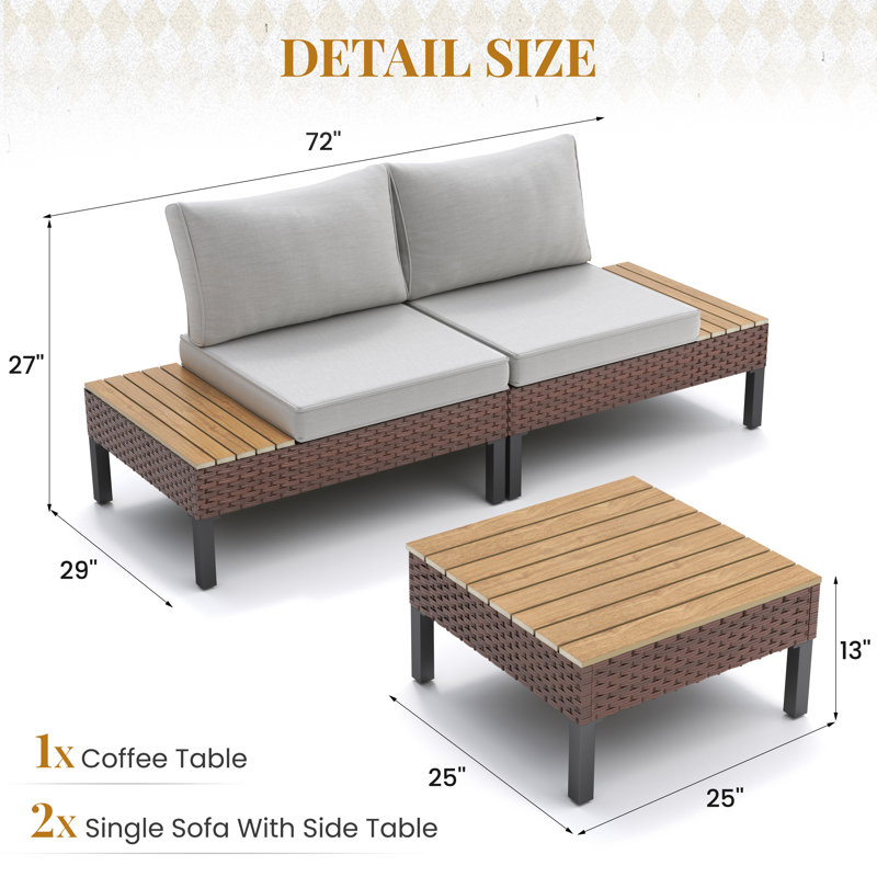 Causeuse de patio avec causeuse et table basse carrée, Beige