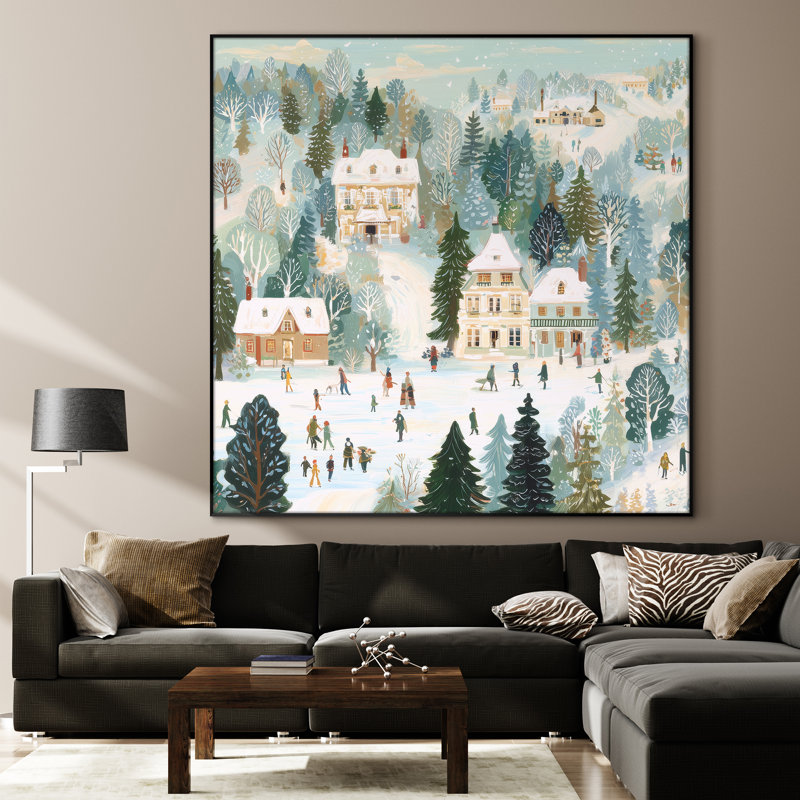 Très grande reproduction d'art sur toile - Winter Village, patinage sur glace, scène de vacances, décor de paysage pour le salon ou la chambre à coucher - «Assemblage requis du cadre (cadre non fini)»