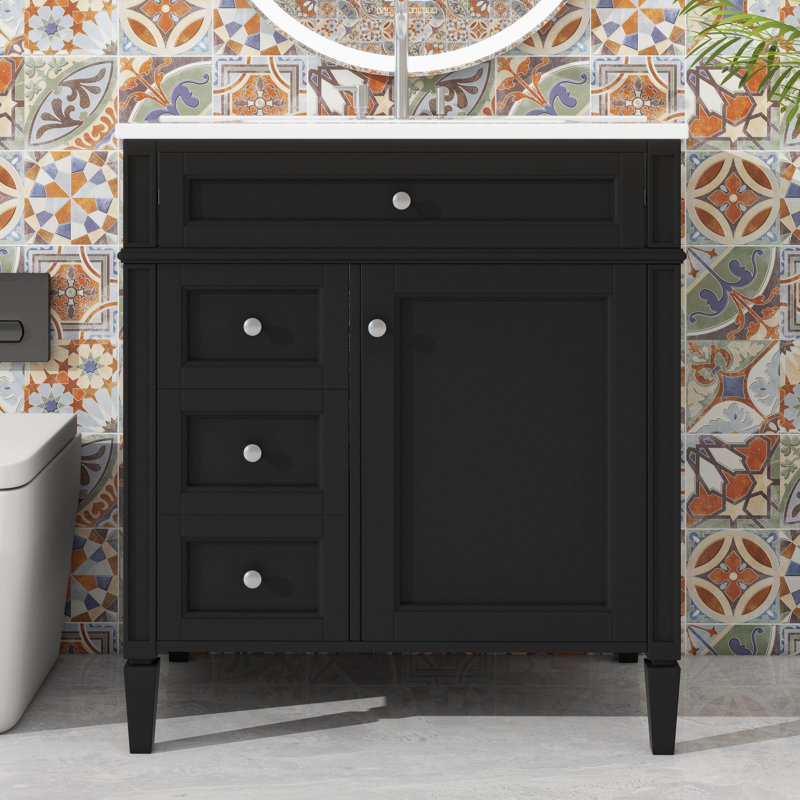 Meuble-lavabo innovant de 30 po avec lavabo, 2 tiroirs, 1 armoire et 1 tiroir basculant, Noir, Argent argent