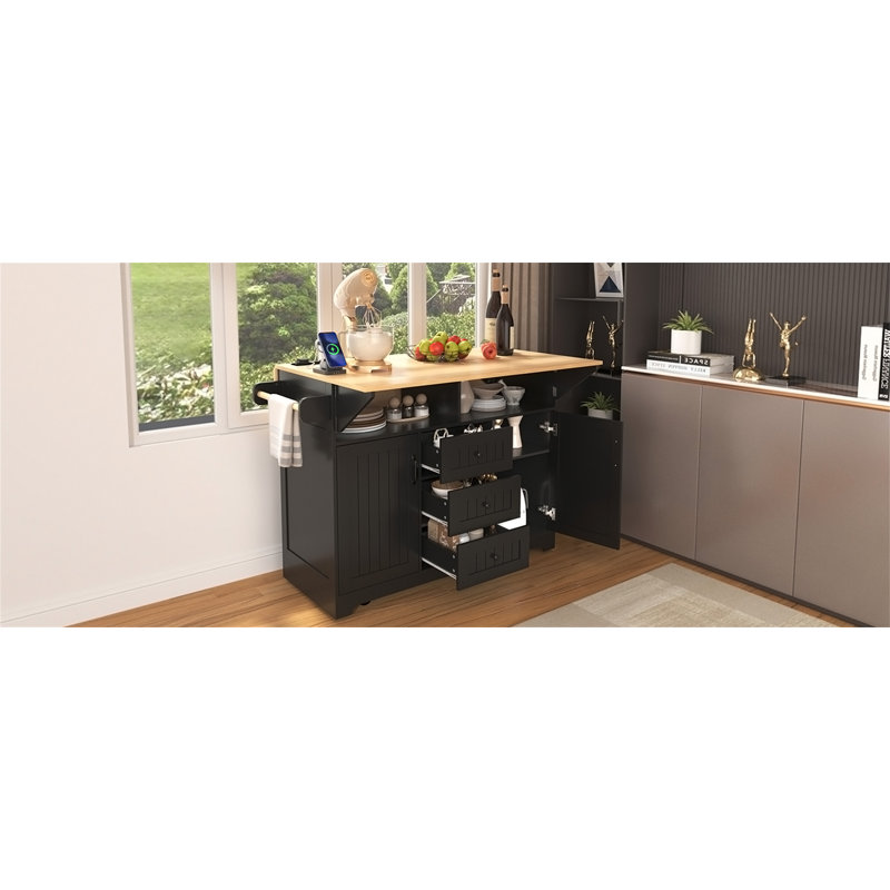 Grand îlot de cuisine 55,7 po avec 2 abattants, Noir