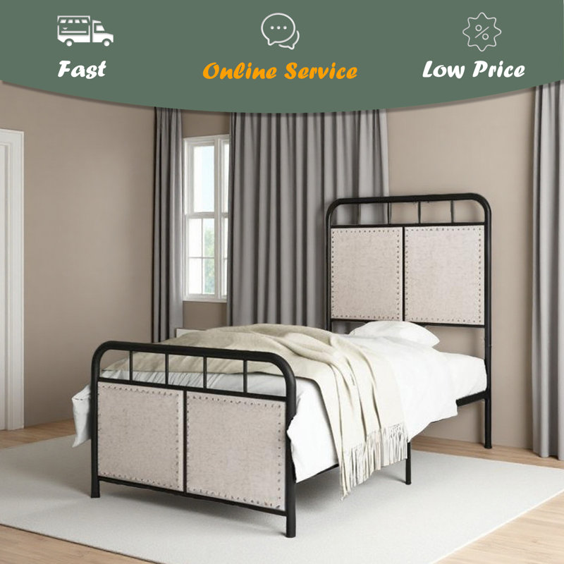 Base de lit simple tapissier en lin avec tête de lit et pied de lit en tissu
