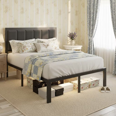 Jabril Bed Frame with Headboard, Metal Platform Bed Frame with Power Outlets and LED Lights
