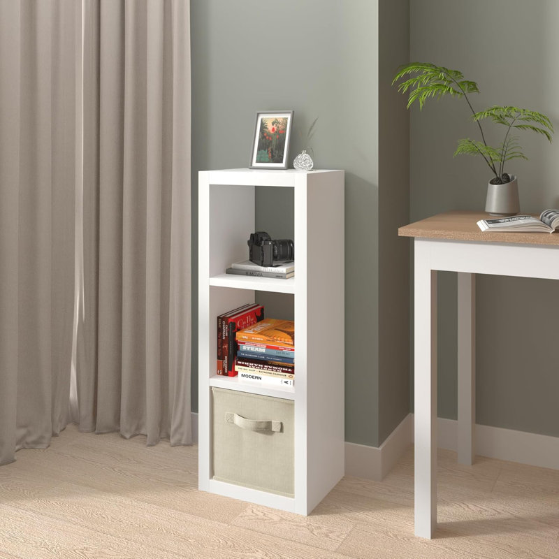  3 Cube Storage Organizer Shelf with Bins, White 3 Tier Bookcase with Fabric Storage Bins, Morden Bookshelf for Bedroom, Living Room, Closet, Office, 11.5" D x 11.5" W x 37.67" H