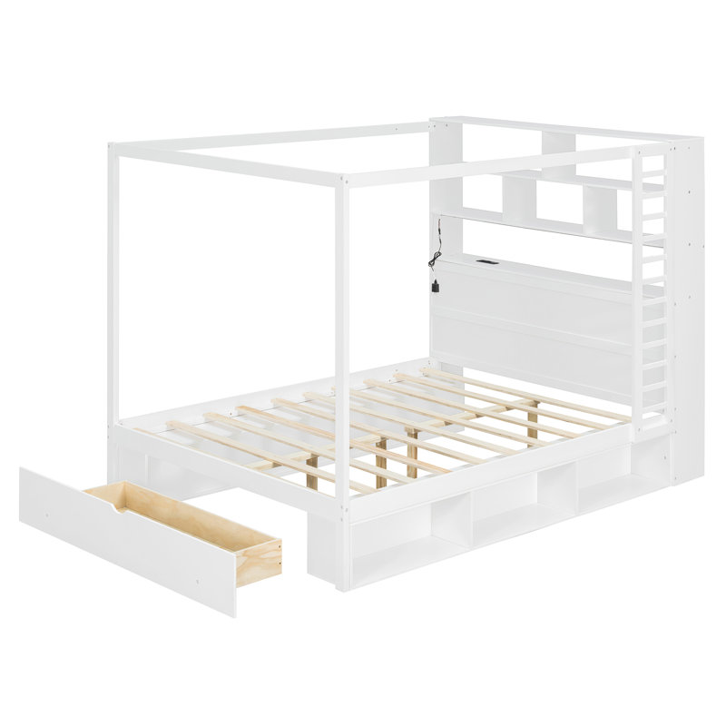 Lit à baldaquin en bois Queen Size avec tête de lit bibliothèque, prises USB et éclairage DEL RVB intelligent, lit plateforme avec rangement sous le lit, tiroir au pied du lit et garde-robe réversible