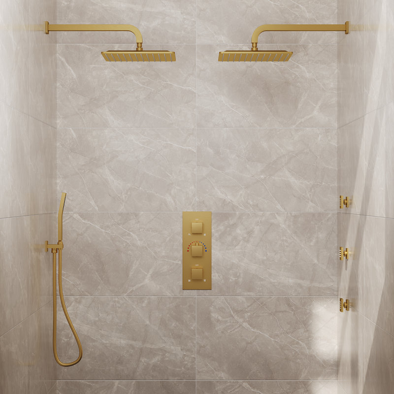 Wall‑Mounted Dual 12" Thermostatic Rain Shower System with Handheld Shower and Body Jets, Brushed Gold
