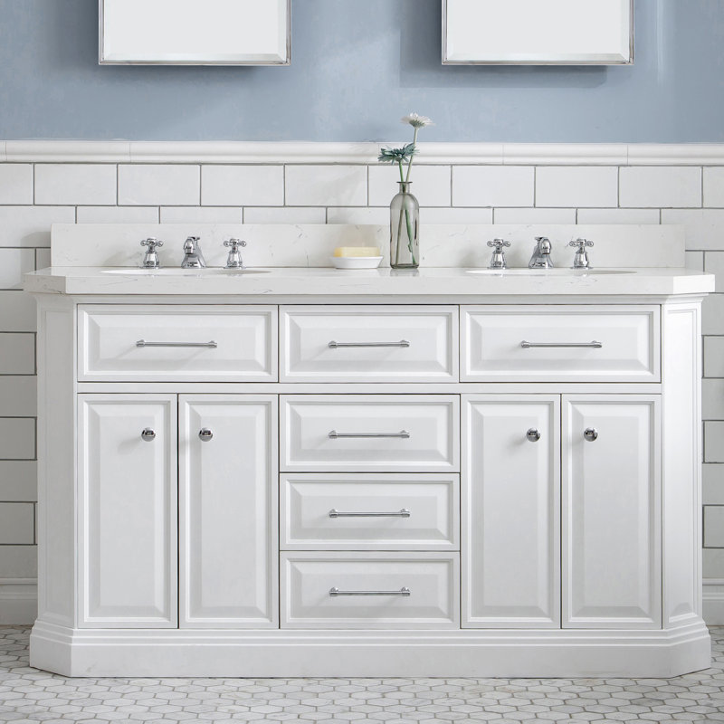 Bruning 60" Carrara Engineered Marble Countertop Bath Vanity with Faucet, Chrome Deck Mount, Pure White