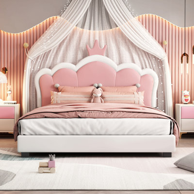 Lit princesse rembourré avec tête de lit couronne, lit plateforme avec tête de lit et pied de lit