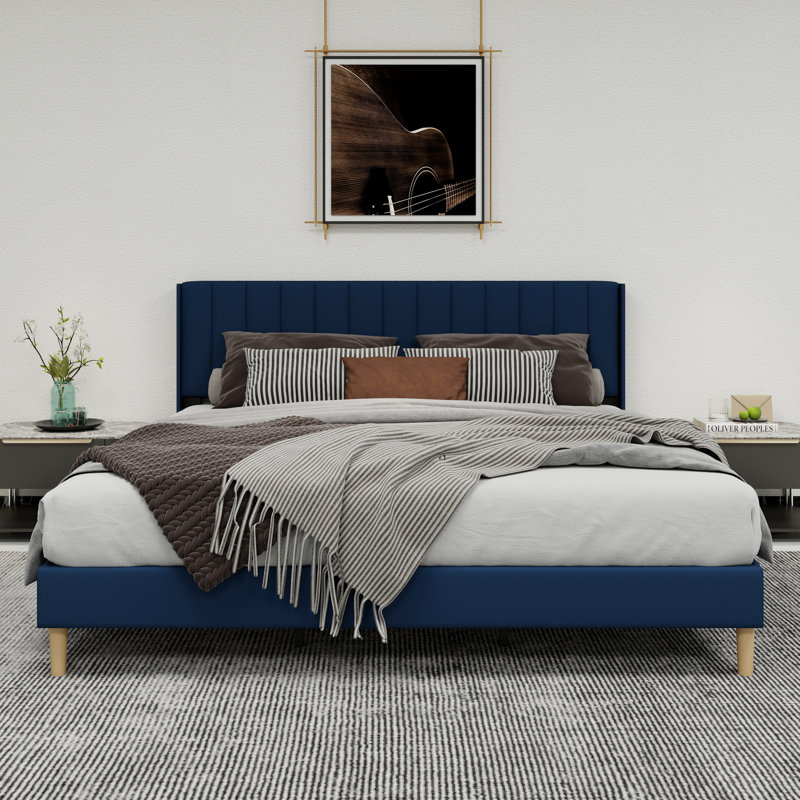 Lit plateforme tapissier avec tête de lit, Bleu, Très grand
