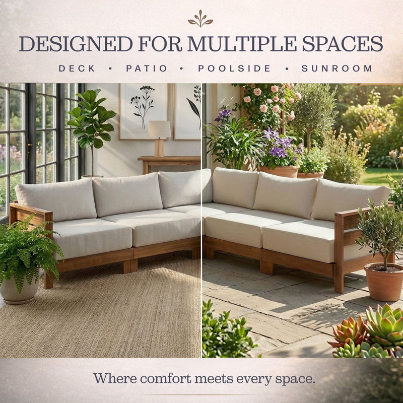 Caalin 102"W Wood Patio Outdoor L-Shaped Sectional With Deep Weather Stain Fade Resistant Cushions, 5