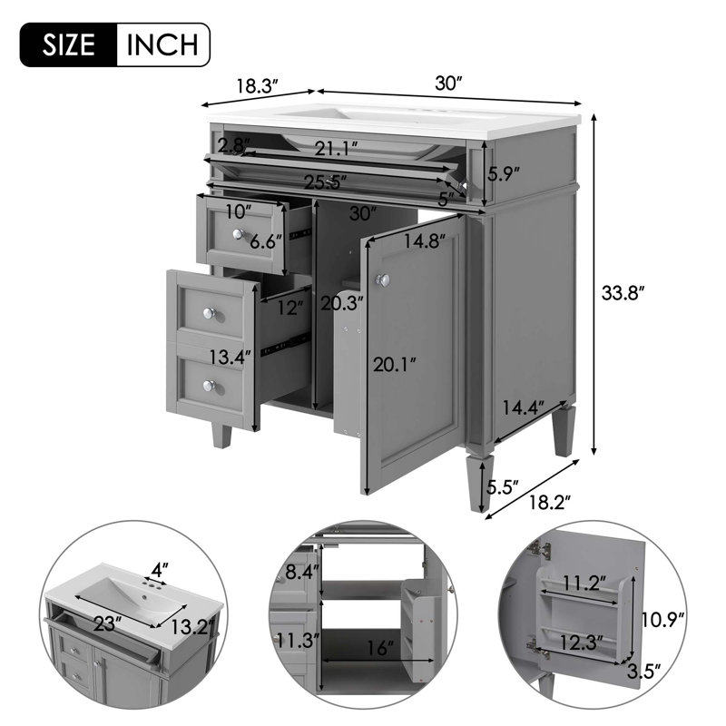 Meuble-lavabo de 30 po avec lavabo supérieur, Gris, Argent argent