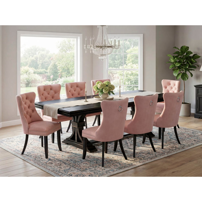 Ensemble de table de salle à manger 9 pièces comprenant une table rectangulaire et 8 chaises de salle à manger en tissu de polyester beige rouge, noir sablé