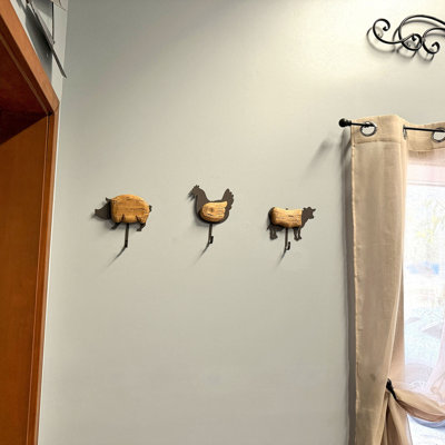 Farm Animal Wall Hooks Set of 3 Wood Metal Farmhouse 7 in Brown Black