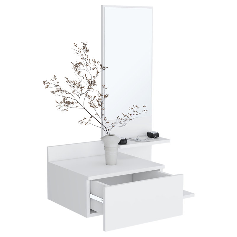 23.6" Wide Console Table With 3 Shelf And Full Drawer - White, & Elegant Extension Mirror In White Style, Construction, White