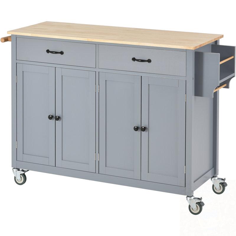 Kitchen Island With 4 Door Cabinet, Two Drawers And Locking Wheels, Blue