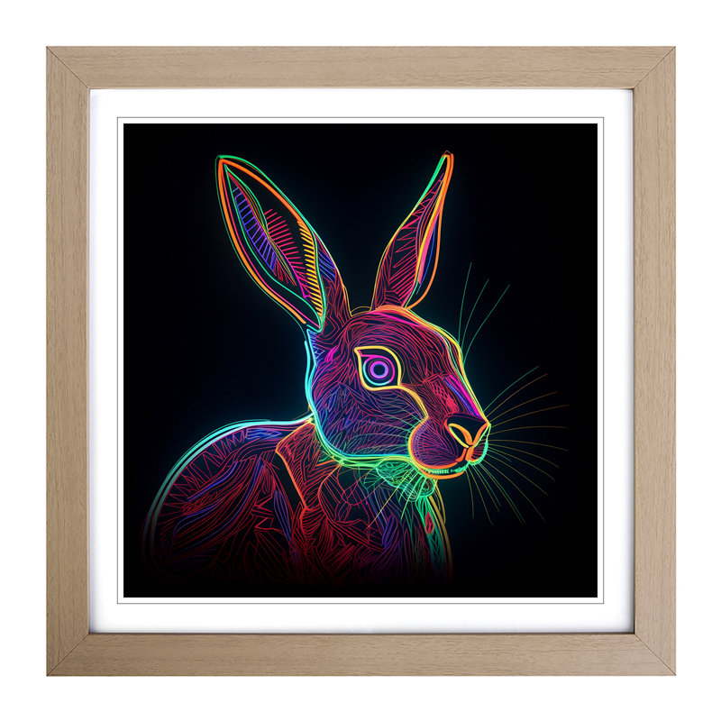 Hare Neon Art No.1 - Framed Print, Oak