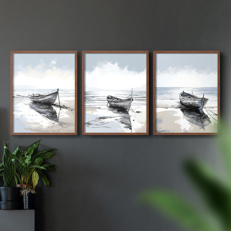 Série Sea and Shore CXV - Ensemble de 3 estampes numériques encadrées - Prêt à être accroché, Cadre noyer, H 20 po x l 16 po