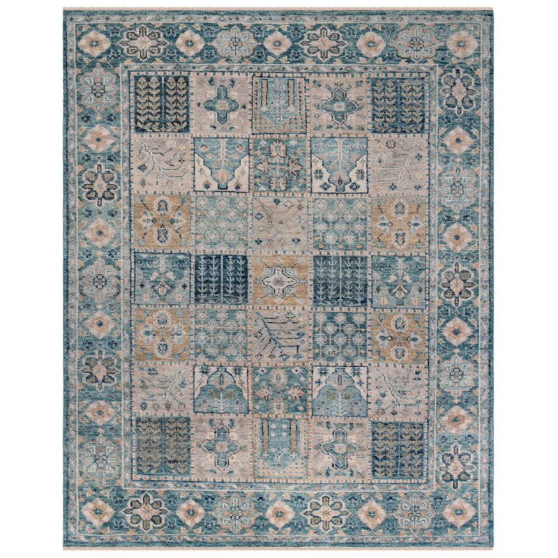Tapis bleu / beige en laine / coton noué à la main, Rectangulaire 8 pi x 10 pi