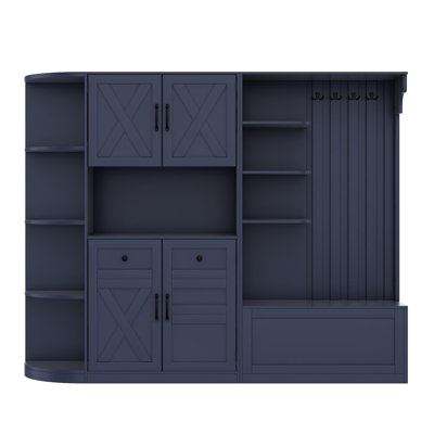 Armoire de vestibule multifonctionnelle gauche-droite (peut être utilisée séparément) avec rangement et 4 crochets, armoire de rangement / arbre d'entrée 2 en 1 pour le salon, la cuisine et le couloir, bleu antique