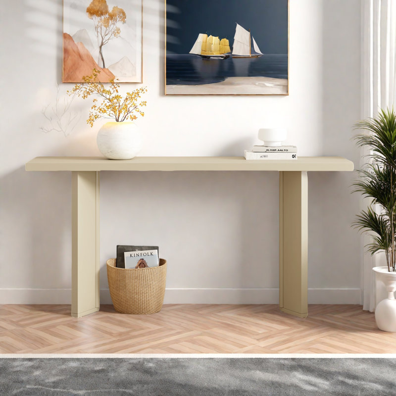 Console moderne avec structure de forme géométrique et grain de bois, Beige
