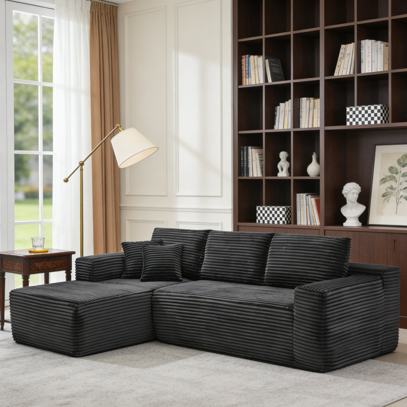 106.5" L-Shaped Corduroy Compression Sofa with Chaise, No Assembly Required, Foam & Independent Pocket Springs, Gray Corduroy