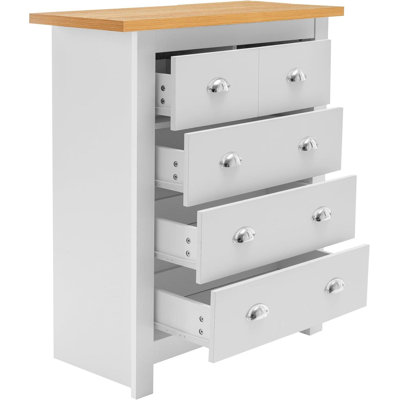 5-Drawer Dresser with Light Wood Top, White Bedroom Storage Chest, Silver Handles, W79cm