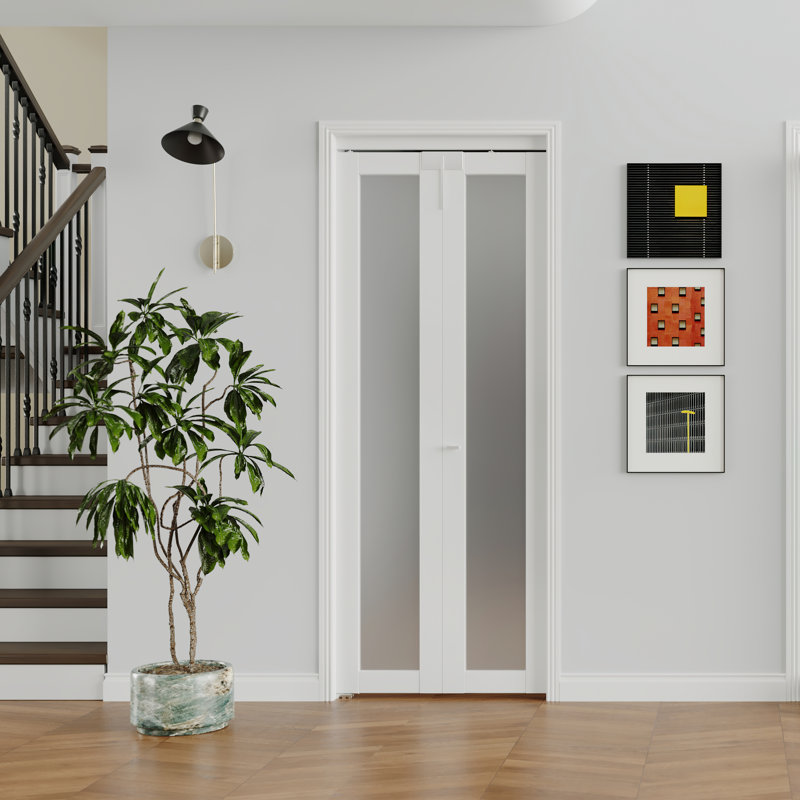 30 in. x 80 in. Frosted Glass White Pine Bi-Fold Door