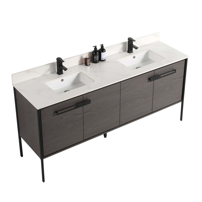 72 Double Bathroom Vanity, Matte Black, Black Coal Oak