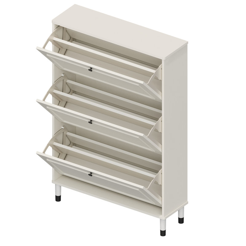 Range-chaussures pour hall d'entrée avec 3 tiroirs rabattables, armoire mince autoportante, finition blanche élégante, fonctionnalité à l'épreuve, système Smart Divide, espace de rangement vertical, protection des pointes, cadre renforcé,