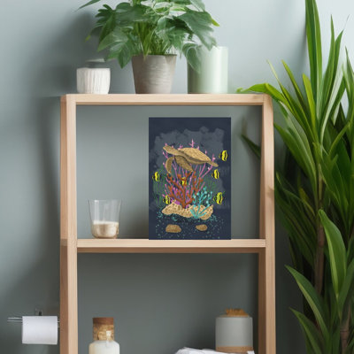 Swimming Turtle Coral Reef Colorful Vibrant Butterfly Fish Turtle Nature Ocean Wall Art Print by Nicholas - Wrapped Canvas Print