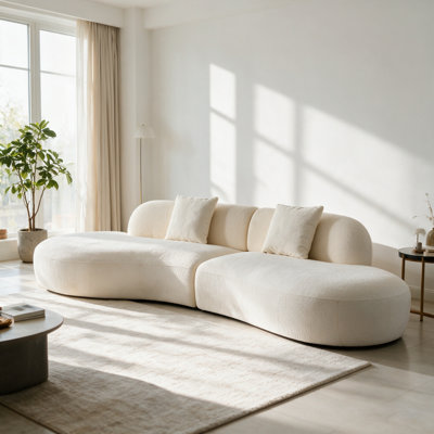 Beige Left Side:Modular Curved Cloud Sofa, 4-Seat Beige Fabric Left Sectional Couch, Solid Wood Frame Adjustable Seat High Density Foam Removable Back Pillows