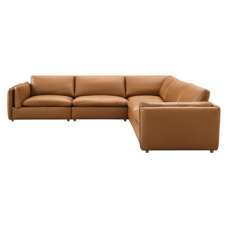 Canapé modulaire en cuir brun - 5 pièces, magnétisme contemporain, 4 sièges, moelleux à fermeté moyenne, rembourrage en mousse