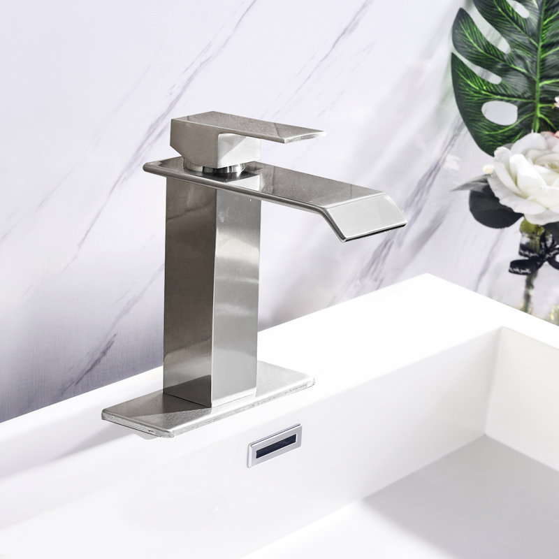 Brushed Nickel Bathroom Sink Faucet With Waterfall Spout And User- Single Single Handle Tap, Made Of Stainless Steel,