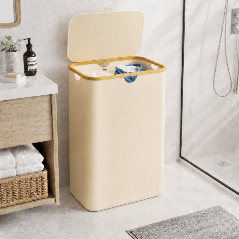 2-Section Laundry Hamper with Lid & Removable Bags, 160L Collapsible Clothes Basket with Bamboo Handles, for Bedroom, Bathroom, Dorm & Laundry Room