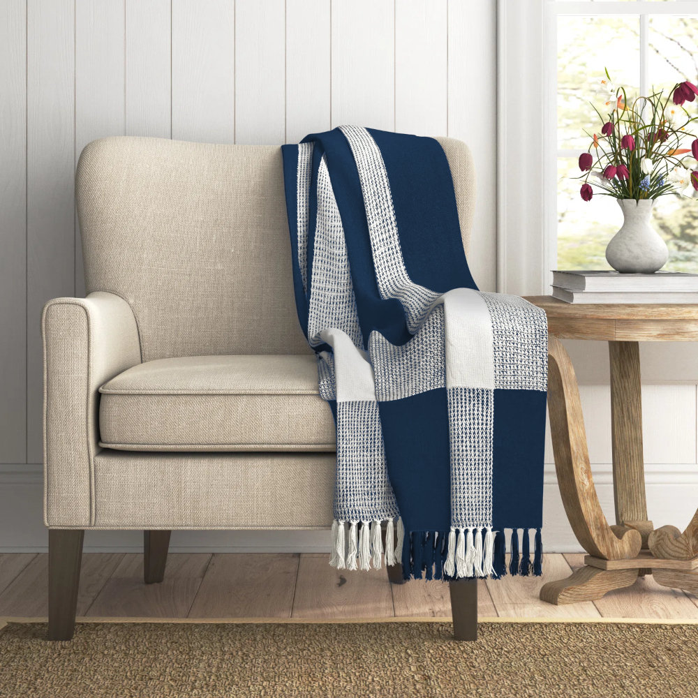 Plaid Cotton Throw Blanket, Blue
