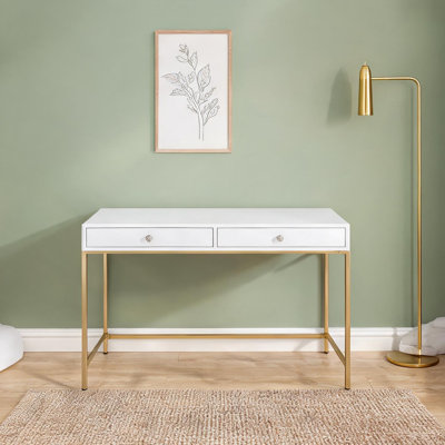 Bureau d'écriture classique classique blanc brillant et doré, large, 47,5 po, bureau à domicile moderne