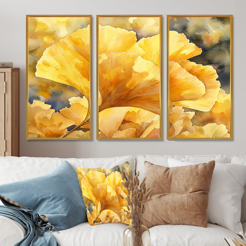 Golden Ginkgo Leaf II - feuilles, art mural - ensemble de 3, H 40 po x l 60 po, Impression encadrée sans passe-partout, Doré