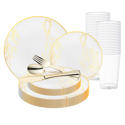 White with Gold Antique Floral Round Disposable Plastic Wedding Value Set - 30 Settings