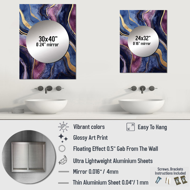 Bleu et or abstrait marbre Essence III - marbre décoration murale miroir mural MTMIR137827, 32 po x 24 po